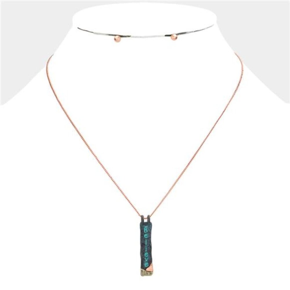 "Believe" Hammered Metal Bar Pendant Necklace